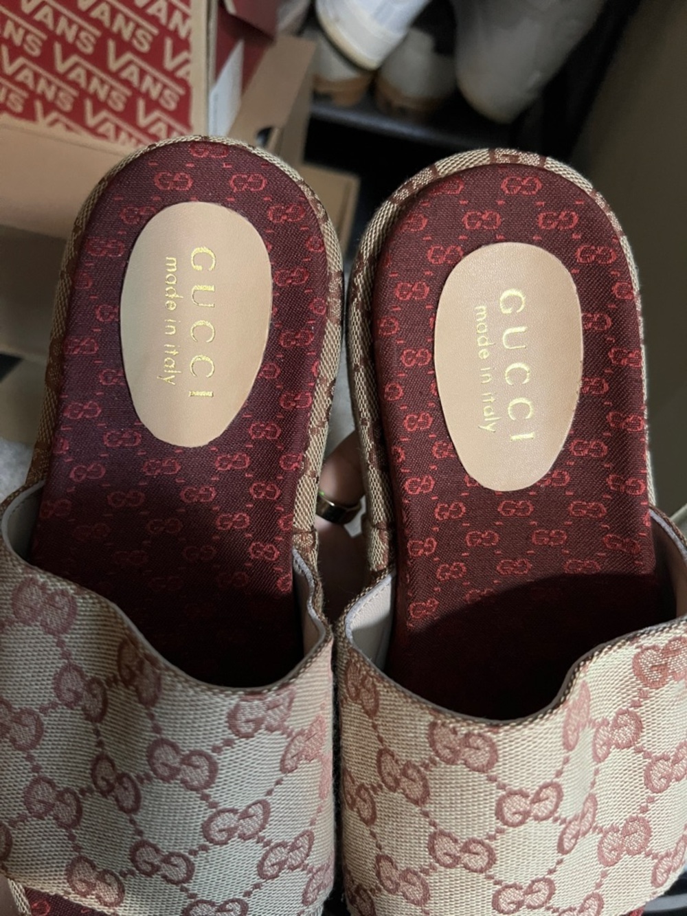 FAUX Beige and Burgundy GG Canvas Slide Sandal - Picture 2 of 5